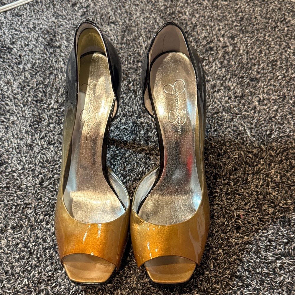 Jessica Simpson Black and Gold Peep-Toe Heels
